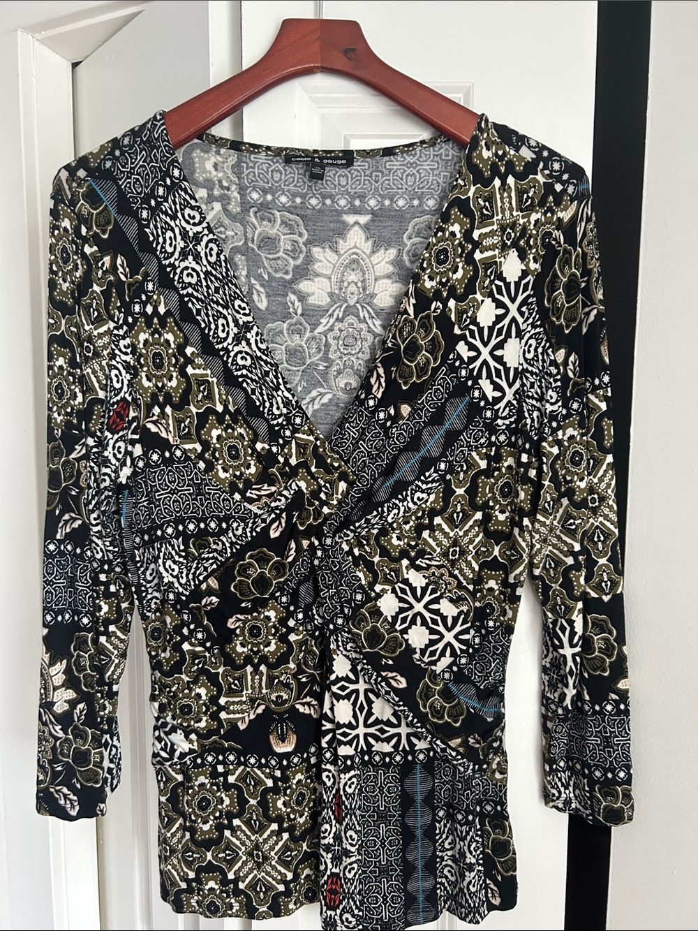 Olive Green & Black Printed Wrap-Style Long Sleeve Top